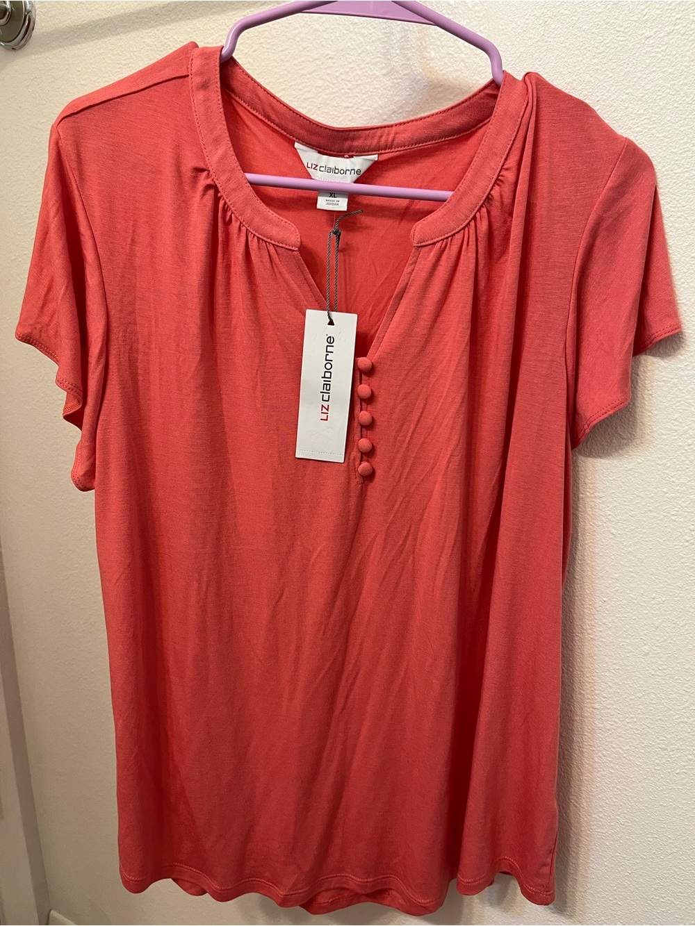 Liz Claiborne Coral Short-Sleeve Button Front Top